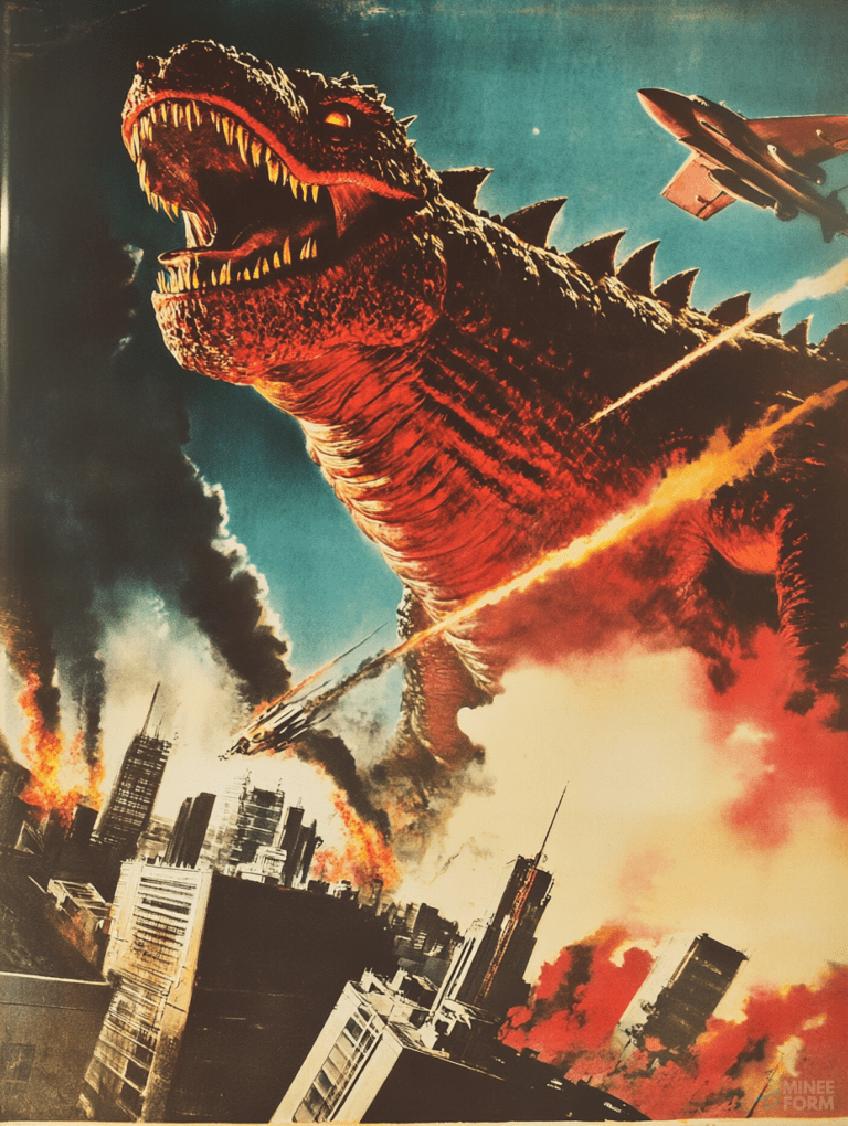 Colossal Monster Rampages Through Flaming Cityscape Amidst Striking Sky With Fighter Jet Engaged in Battle Horror Movie Poster 18 x 24 Inch MineeForm Wall Art Poster