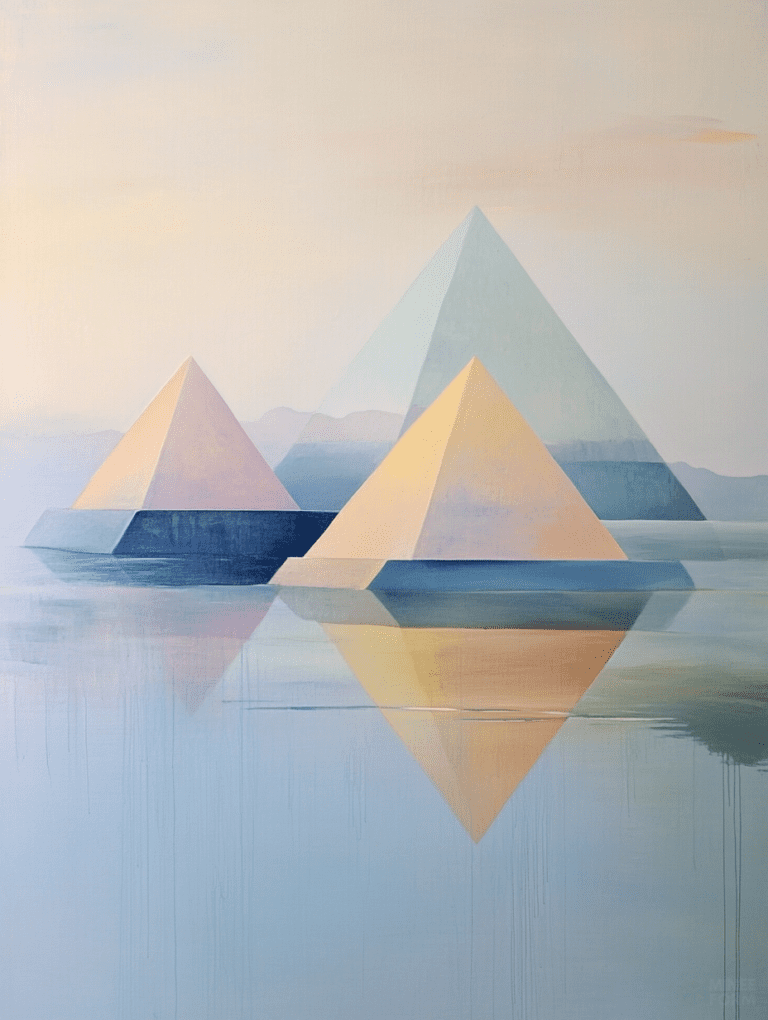 Within the Tranquil Hue of Dawn Geometric Pyramids Emerge from a Serene Oceanic Reflection Capturing the Ethereal Quiet and Subtle Blend of Pastel Colors Landscape Abstract 18 X 24 Inch MineeForm Wall Art Poster