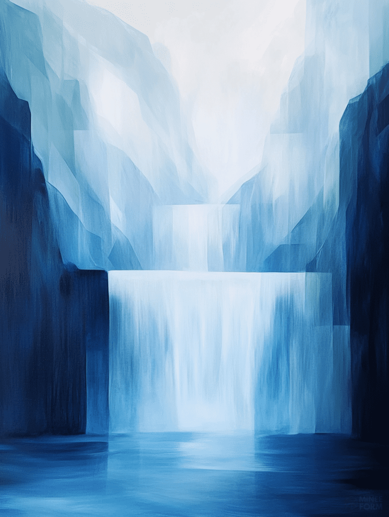 Cascading Waterfalls Amidst Serene Blue Glacial Canyons with Misty Veils and Calm Reflections Landscape Abstract 18 X 24 Inch MineeForm Wall Art Poster