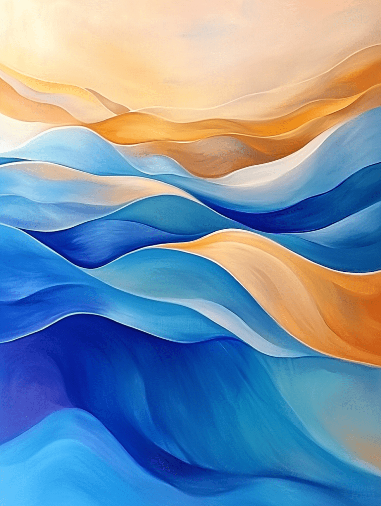 Vibrant Wavy Horizon with Undulating Blue and Warm Tones Merging into a Serene Sky Landscape Abstract 18 X 24 Inch MineeForm Wall Art Poster