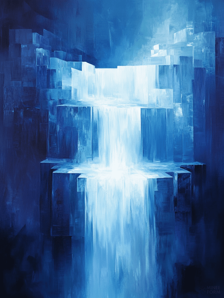 Cascading Waterfall in Layered Icy Blue Abstract Forms with Soft Illuminated Glow Landscape Abstract 18 X 24 Inch MineeForm Wall Art Poster