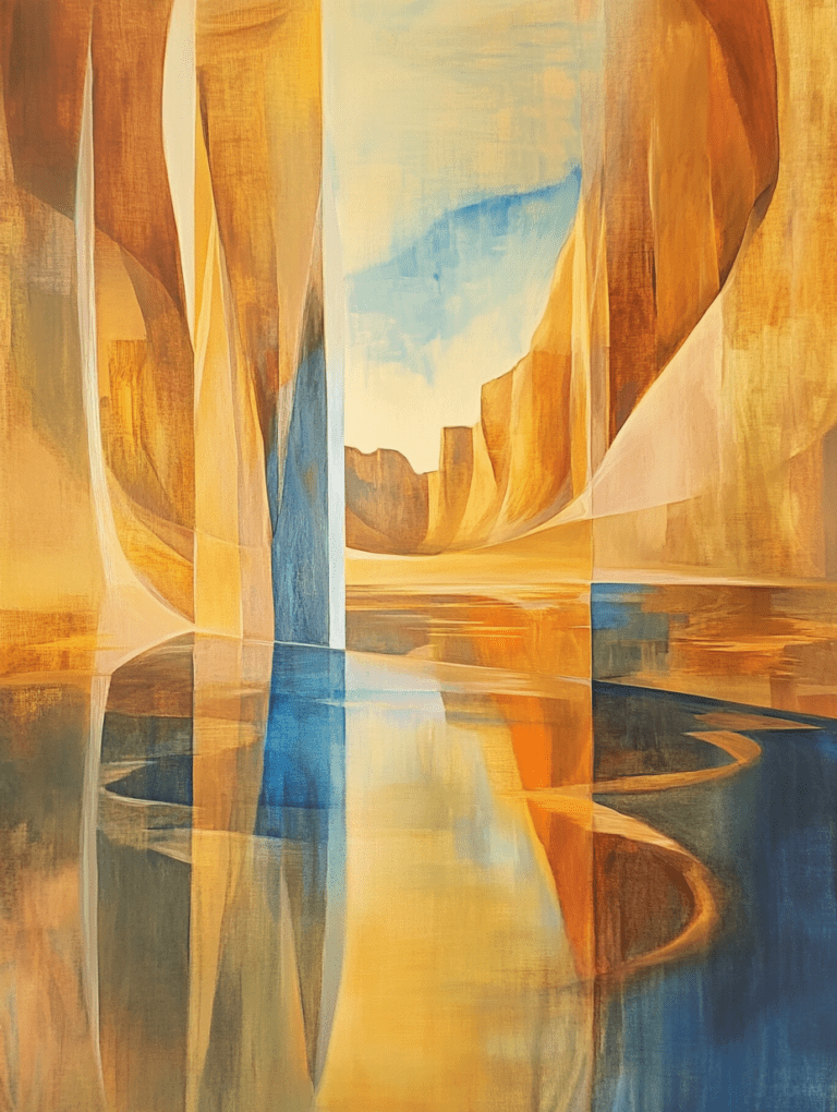 Golden Canyon Reflections in a Dreamlike Landscape with Soft Hues of Blue and Amber Silhouetted by Vast Expanses Landscape Abstract 18 X 24 Inch MineeForm Wall Art Poster