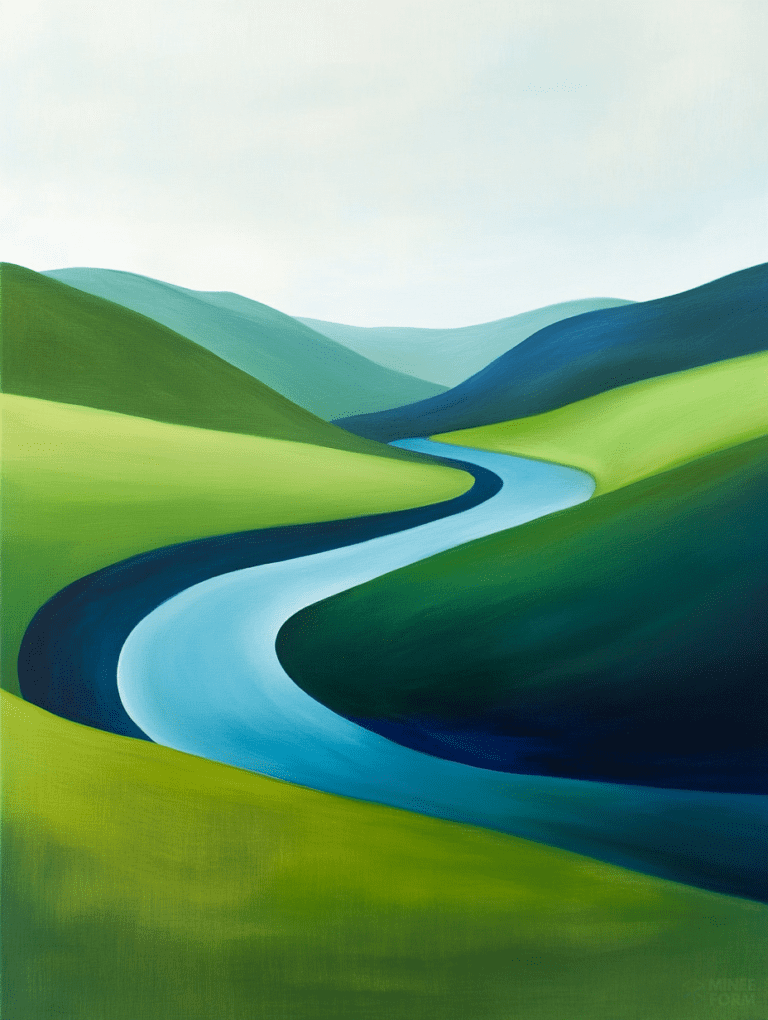 Serene Flowing River Through Rolling Green Hills Under a Soft Blue Sky Landscape Abstract 18 X 24 Inch MineeForm Wall Art Poster