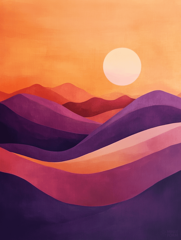 Radiant Sunrise Over Rolling Hills with Vibrant Purple and Orange Hues Landscape Abstract 18 X 24 Inch MineeForm Wall Art Poster