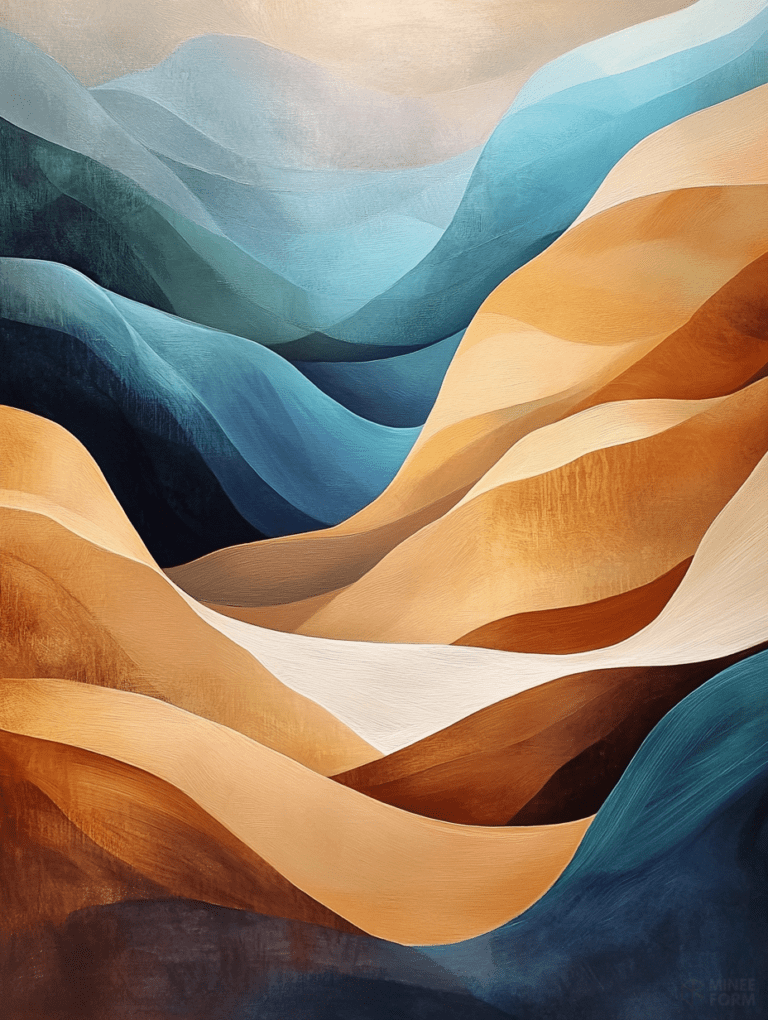 Swirling Harmony of Blue and Earth Tones in Flowing Layered Landscape Landscape Abstract 18 X 24 Inch MineeForm Wall Art Poster