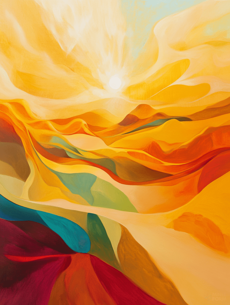 Radiant Sunrise Over Flowing Hills and Vibrant Valleys in a Dreamlike Landscape Landscape Abstract 18 X 24 Inch MineeForm Wall Art Poster