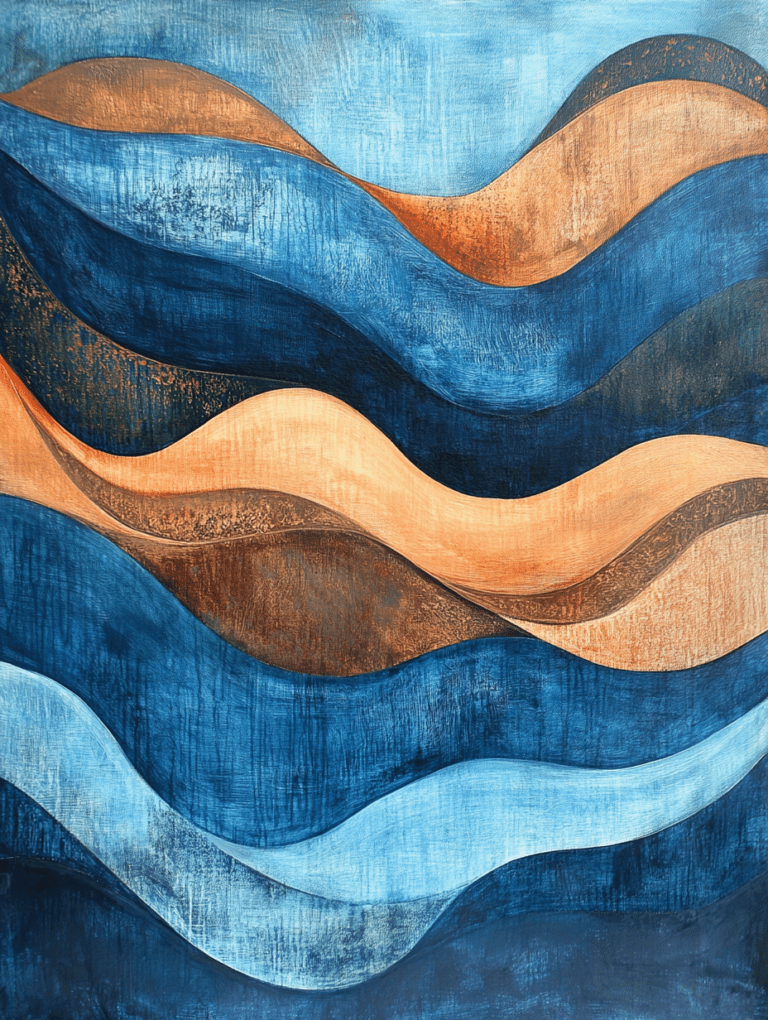 Harmonious Waves of Earth and Sky Intertwining in Rich Hues of Blue and Copper Landscape Abstract 18 X 24 Inch MineeForm Wall Art Poster