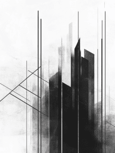 Monochrome Cityscape of Tall Abstract Skyscrapers with Thin Vertical Lines and Geometric Overlays Casting Subtle Shadows Against a Soft White Background Minimalist Abstract 18 X 24 Inch MineeForm Wall Art Poster