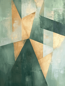 Confluence of Geometric Shapes in Merged Hues of Green and Gold Minimalist Abstract 18 X 24 Inch MineeForm Wall Art Poster