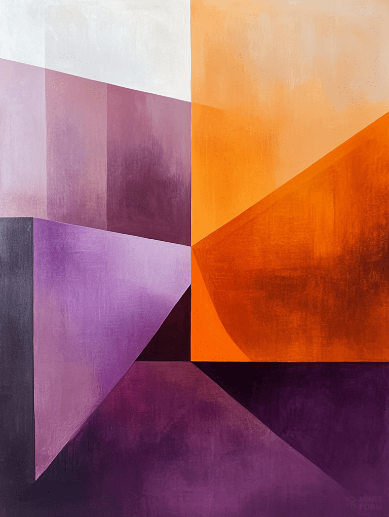 Intersecting Planes of Sunset Orange and Deep Plum in Geometric Harmony Minimalist Abstract 18 X 24 Inch MineeForm Wall Art Poster