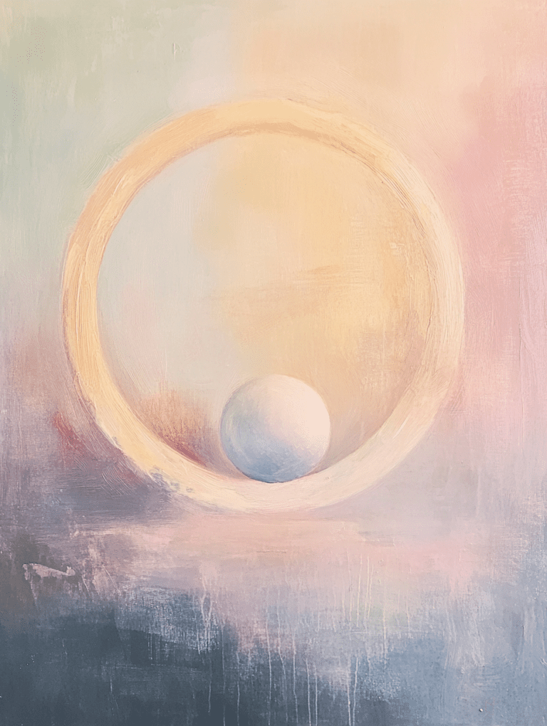 Ethereal Pastel Harmony of a Luminous Hoop and Sphere on a Misty Canvas Minimalist Abstract 18 X 24 Inch MineeForm Wall Art Poster