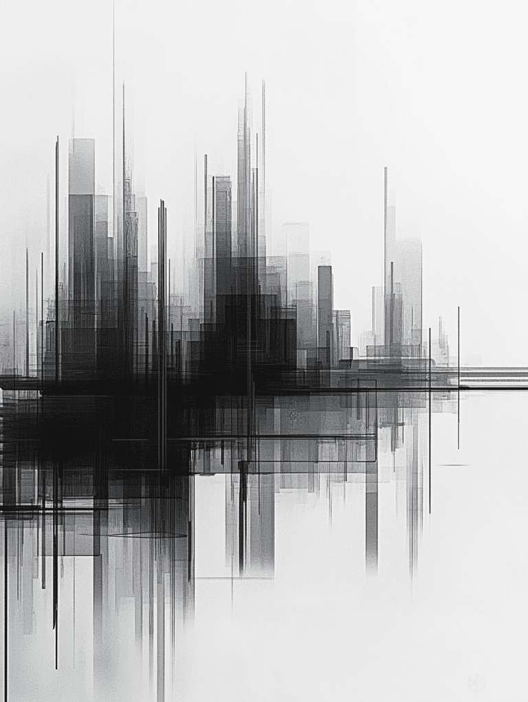 Ethereal Cityscape Emergence in Monochrome Verticality and Linear Reflections Minimalist Abstract 18 X 24 Inch MineeForm Wall Art Poster