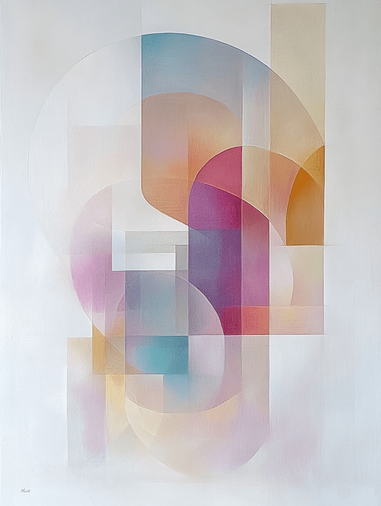 Harmonious Dance of Translucent Geometric Forms with Interwoven Pastel Hues on a Subtle White Canvas Minimalist Abstract 18 X 24 Inch MineeForm Wall Art Poster