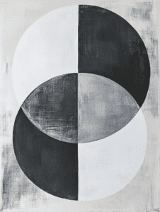 Contrasting Circles Intersecting with Textured Shades of Black White and Gray on a Subtle Brushed Background Minimalist Abstract 18 X 24 Inch MineeForm Wall Art Poster