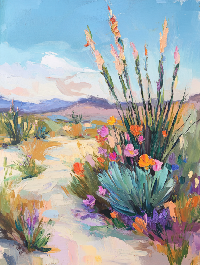 Vibrant Desert Landscape with Colorful Blossoms and Tall Stems Under a Clear Blue Sky Plant & Flower Abstract 18 X 24 Inch MineeForm Wall Art Poster