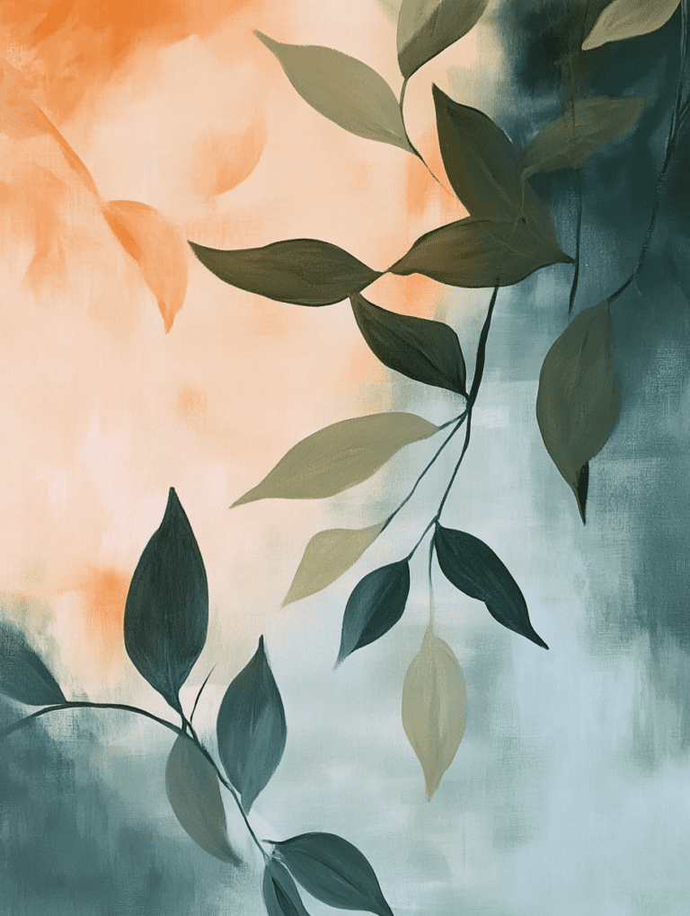 Gentle Interplay of Leaves Against a Soft Gradient of Warm Sunset Orange and Cool Teal Hues Plant & Flower Abstract 18 X 24 Inch MineeForm Wall Art Poster