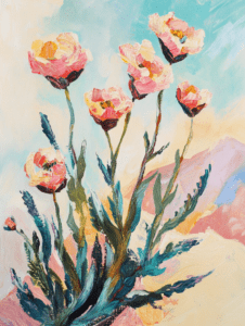 Blooming Wildflowers Reaching for the Sky in a Pastel Dreamscape with Vibrant Textured Brushstrokes and Gentle Hues of Pink and Blue Plant & Flower Abstract 18 X 24 Inch MineeForm Wall Art Poster