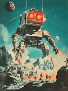 Colossal Robotic Sentinel with Glowing Eyes Looms over Futuristic Moon Base as Armored Astronauts Brace for Battle under Starry Sky Sci Fi Movie Poster 18 X 24 Inch MineeForm Wall Art Poster