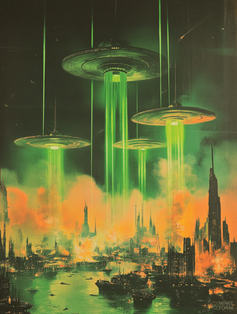 Three Majestic Spaceships Casting Luminescent Green Beams Over a Futuristic City Engulfed in Fiery Ruins with Skyscrapers Reflecting Amidst Chaotic Destruction and a Dramatic Sky Sci Fi Movie Poster 18 X 24 Inch MineeForm Wall Art Poster