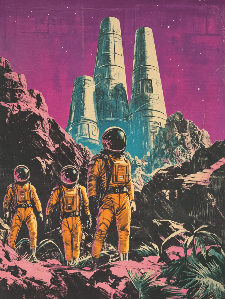 Explorers in Vibrant Spacesuits Navigating Alien Terrain Under Cosmic Skies with Futuristic Megastructures Looming in the Background Sci Fi Movie Poster 18 X 24 Inch MineeForm Wall Art Poster