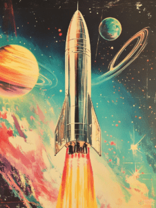 Shiny Rocket Launching into a Vibrant Cosmic Scene with Colorful Planets Swirling Rings and Sparkling Stars Sci Fi Movie Poster 18 X 24 Inch MineeForm Wall Art Poster