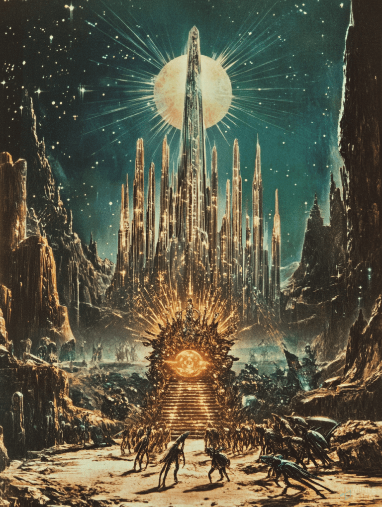 Alien Figures Gather Before a Radiant Golden Portal with an Illuminated Tower and Moonlit Sky in a Futuristic Mountainous Landscape Sci Fi Movie Poster 18 X 24 Inch MineeForm Wall Art Poster