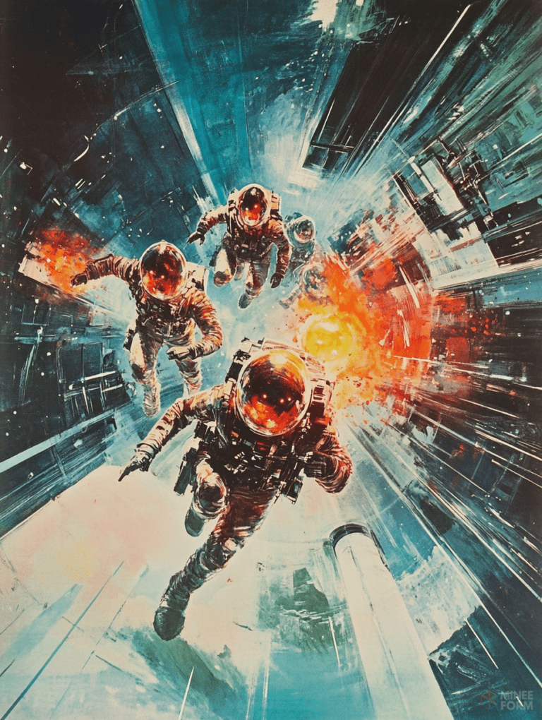 Intrepid Spacewalkers Escaping Through Explosive Nebula Amidst Futuristic Cosmic Cityscape with Vivid Colors and Dynamic Movement Sci Fi Movie Poster 18 X 24 Inch MineeForm Wall Art Poster