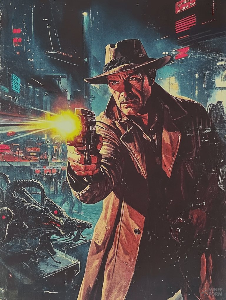 Hard-Boiled Detective in the Neon-Lit Urban Jungle Confronting Alien Creatures in a Rain-Soaked Futuristic Cityscape Sci Fi Movie Poster 18 X 24 Inch MineeForm Wall Art Poster