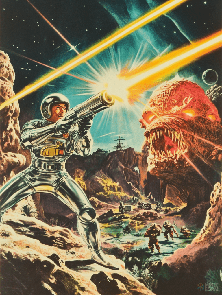 Galactic Conflict on Alien Terrain with Armored Astronaut Battling Gargantuan Fire-Breathing Monster as Ground Forces Engage Against Cosmic Backdrop Sci Fi Movie Poster 18 X 24 Inch MineeForm Wall Art Poster