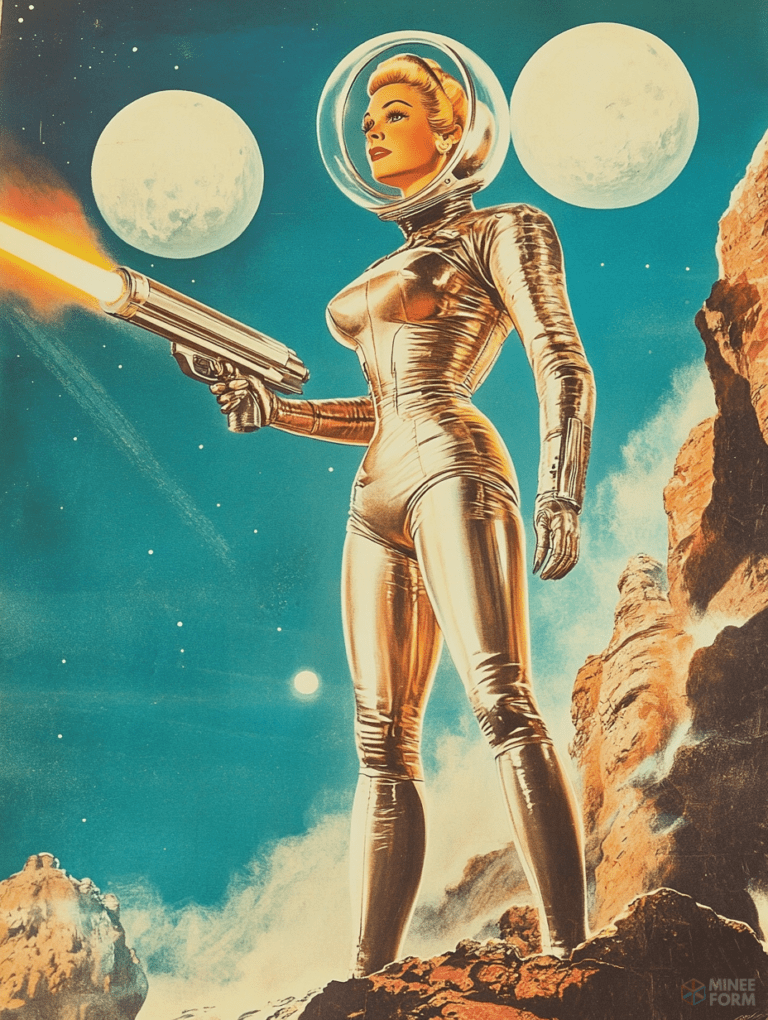 Fearless Space Adventurer in Metallic Suit Brandishing Laser Gun Under Twin Moons on Rugged Alien Terrain Sci Fi Movie Poster 18 X 24 Inch MineeForm Wall Art Poster