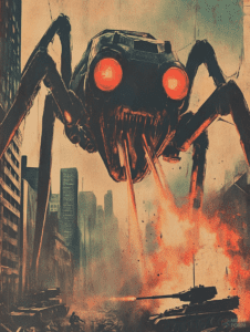 Gigantic Mechanical Spider with Glowing Red Eyes Looms Over a Smoldering Cityscape Amidst Smoke and Falling Debris as Armored Tank Engages in Futuristic Urban Warfare Sci Fi Movie Poster 18 X 24 Inch MineeForm Wall Art Poster