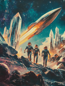 Astronauts Exploring a Surreal Alien Landscape with Crystal Spires and Soaring Rocketship Under a Starry Cosmic Sky Sci Fi Movie Poster 18 X 24 Inch MineeForm Wall Art Poster