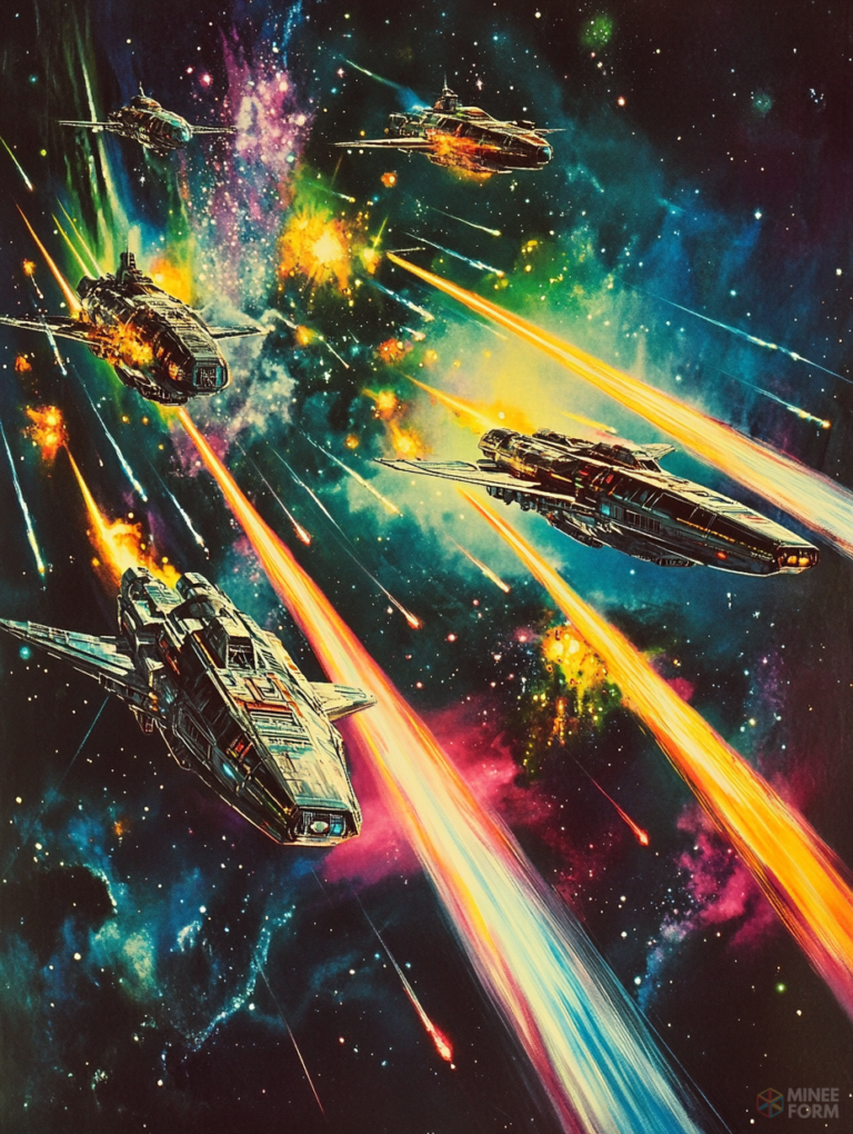 Dramatic Space Combat with Futuristic Starships Racing Through a Colorful Cosmic Nebula with Fiery Trails and Vibrant Explosions Amidst a Deep Starry Backdrop Sci Fi Movie Poster 18 X 24 Inch MineeForm Wall Art Poster