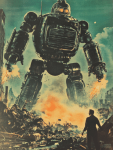 Towering Metal Giant Looms Over Ruined Cityscape with Fires Erupting and Lone Figure in Awe Against a Teal Sky Sci Fi Movie Poster 18 X 24 Inch MineeForm Wall Art Poster