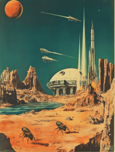 Space Colony on a Rugged Alien World with Insectoid Creatures and Rocket Launches Under a Scarlet Planetary Sky Sci Fi Movie Poster 18 X 24 Inch MineeForm Wall Art Poster