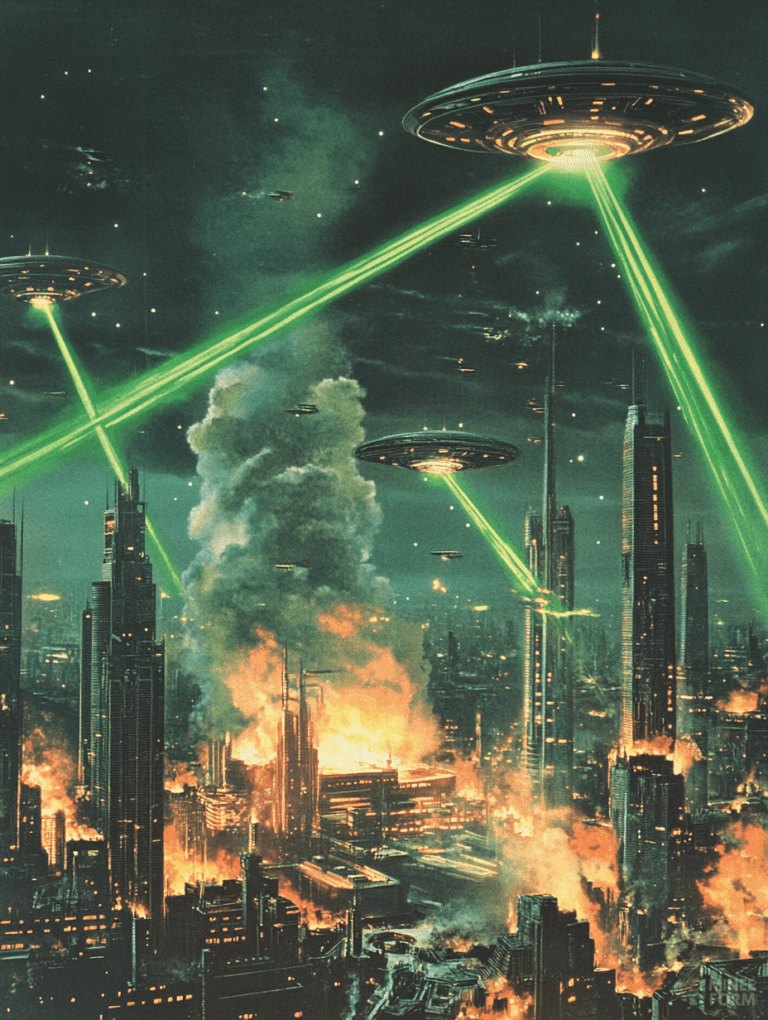 Dramatic Encounter in a Futuristic City with UFOs Emitting Bright Green Beams Amidst Towering Skyscrapers and Burning Flames Sci Fi Movie Poster 18 X 24 Inch MineeForm Wall Art Poster