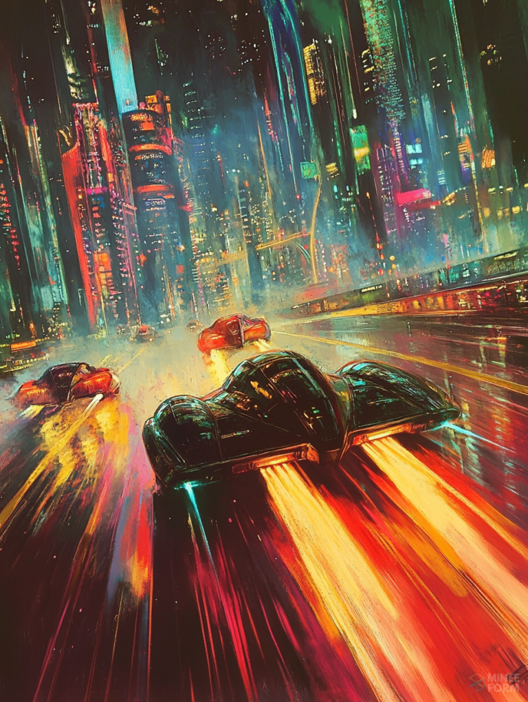 Futuristic Cars Racing Through Neon-Lit City Streets with Skyscrapers Illuminated Against a Dazzling Night Sky Sci Fi Movie Poster 18 X 24 Inch MineeForm Wall Art Poster