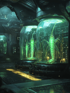 Giant Insectoid Creatures Encased in Glowing Green Tubes within a Dark Industrial Laboratory with Futuristic Machinery and Dim Illuminated Walkways BIOPUNK DIGITAL PAINTING 18 x 24 Inch MineeForm Wall Art Poster