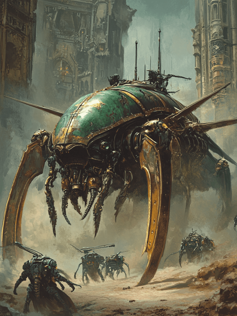 Towering Biomechanical Arachnid Mech Stealthily Navigating the Dusty Ruins of an Ancient Gothic City with Small Scout Drones and Heavily Armored Figures Amidst a Hazy Atmosphere BIOPUNK DIGITAL PAINTING 18 x 24 Inch MineeForm Wall Art Poster