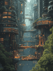 Lush Vertical Metropolis with Towering Structures Connected by Elevated Pathways and Abundant Greenery Illuminated by Warm Ambient Lighting BIOPUNK DIGITAL PAINTING 18 x 24 Inch MineeForm Wall Art Poster