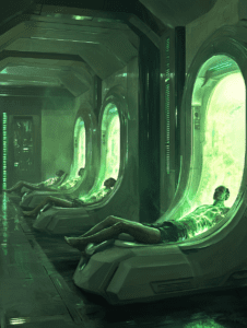 Futuristic Biopunk Laboratory with Human Figures Suspended in Green Luminescent Pods Lining a Sleek Metallic Corridor BIOPUNK DIGITAL PAINTING 18 x 24 Inch MineeForm Wall Art Poster