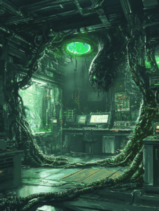 Glistening Biomechanical Workspace Entwined with Vines and Pulsating Organic Growth Bathed in Neon Green Light BIOPUNK DIGITAL PAINTING 18 x 24 Inch MineeForm Wall Art Poster