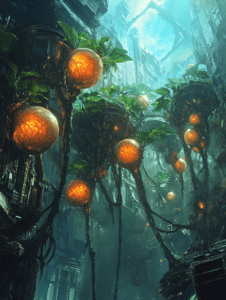 Luminous Organic Spheres Suspended Among Vines in a Futuristic Urban Canyon Enveloped in Lush Greenery and Soft Ethereal Glow BIOPUNK DIGITAL PAINTING 18 x 24 Inch MineeForm Wall Art Poster