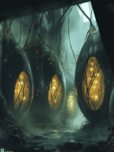 Glowing Organic Pods Suspended in a Mysterious Overgrown Urban Tunnel with Twisting Vines and Ethereal Light BIOPUNK DIGITAL PAINTING 18 x 24 Inch MineeForm Wall Art Poster