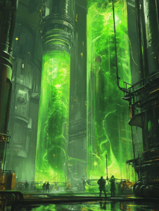 Towering Bio-Engineering Chambers with Radiant Green Substance and Silhouetted Figures in Futuristic Laboratory Setting BIOPUNK DIGITAL PAINTING 18 x 24 Inch MineeForm Wall Art Poster