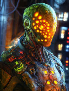 Luminescent Biomechanical Humanoid with Glowing Orange Patterns and Intricate Exoskeleton in a Futuristic Technological Setting BIOPUNK DIGITAL PAINTING 18 x 24 Inch MineeForm Wall Art Poster