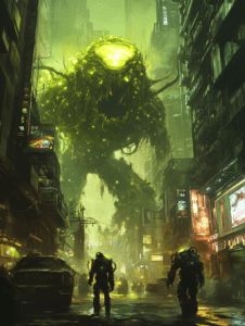 Two Armored Figures in a Neon Lit Cyberpunk City Confronting a Towering Bioluminescent Creature Amidst Skyscrapers and Hazy Green Atmosphere BIOPUNK DIGITAL PAINTING 18 x 24 Inch MineeForm Wall Art Poster