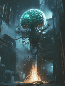 Towering Neural Sentinel with Illuminated Brain and Tangled Roots in a Dimly Lit Industrial Hall BIOPUNK DIGITAL PAINTING 18 x 24 Inch MineeForm Wall Art Poster