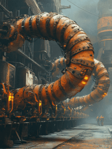 Enormous Rusted Mechanical Serpent Coiling Through an Industrial Factory with Tiny Figures in the Distance and Glowing Orange Lights Illuminating the Dark Metallic Environment BIOPUNK DIGITAL PAINTING 18 x 24 Inch MineeForm Wall Art Poster