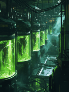 A Dimly Lit Lab with Rows of Glowing Green Cylindrical Tanks Containing Suspended Organic Forms Connected by Black Cables and Surrounded by Metallic Machinery and Steamy Atmosphere BIOPUNK DIGITAL PAINTING 18 x 24 Inch MineeForm Wall Art Poster